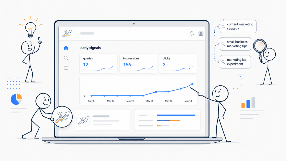 Digital marketing strategist reviewing first Google Search Console impressions for early SEO performance signals - Marketing Lab - Web Idea US
