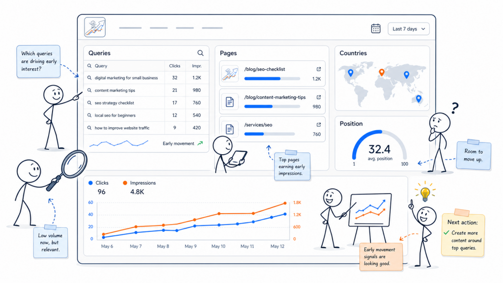 Google Search Console analysis dashboard showing queries, pages, countries, average position, and clicks for a new website - Marketing Lab - Web Idea US