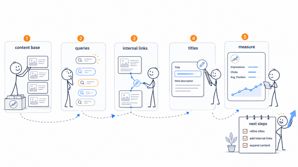 SEO experiment roadmap showing content publishing, query analysis, internal linking, title optimization, and performance measurement - Marketing Lab - Web Idea US