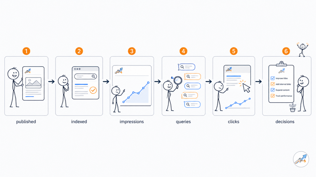 Visual flow showing how a new article moves from indexing to first impressions, query data, clicks, and SEO decisions - Marketing Lab - Web IDea US