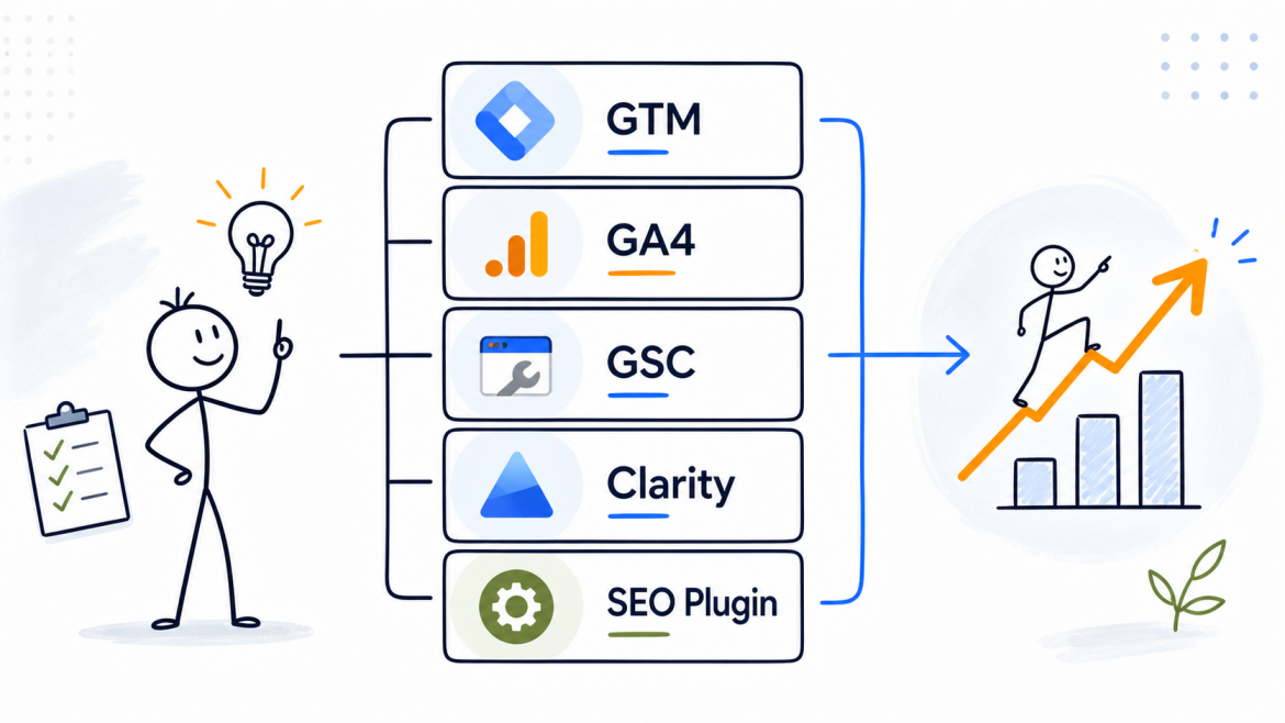 Basic marketing website stack illustration showing GTM, GA4, GSC, Clarity, and an SEO Plugin connected to a growth arrow and chart - Marketing Lab - Web Idea US