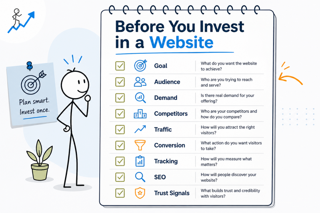 Checklist graphic titled Before You Invest in a Website showing key planning items - Marketing Lab - Web Idea US