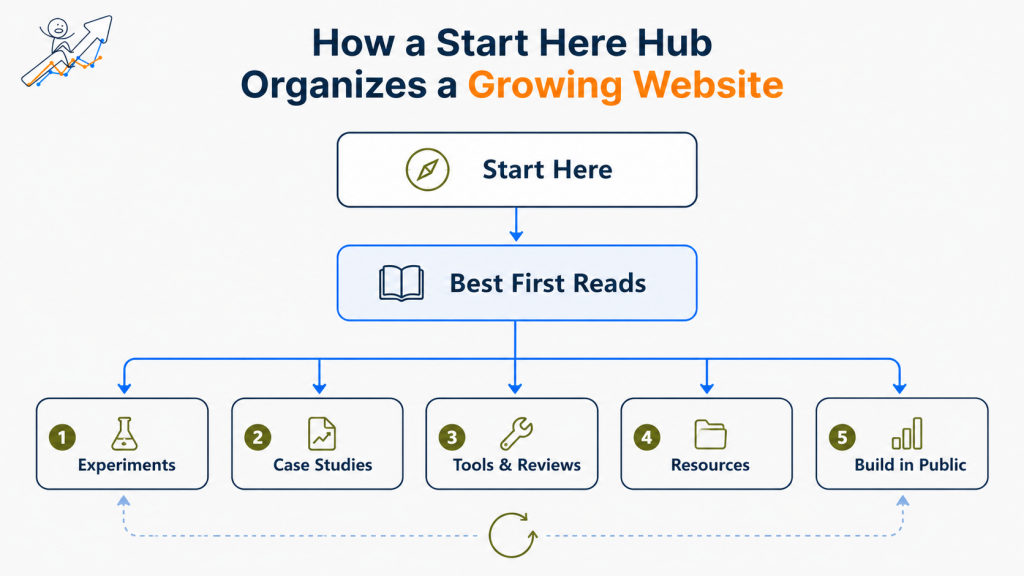 Diagram showing a Start Here hub leading to Best First Reads, then branching into Experiments, Case Studies, Tools & Reviews, Resources, and Build in Public sections - Marketing Lab - Web Idea US