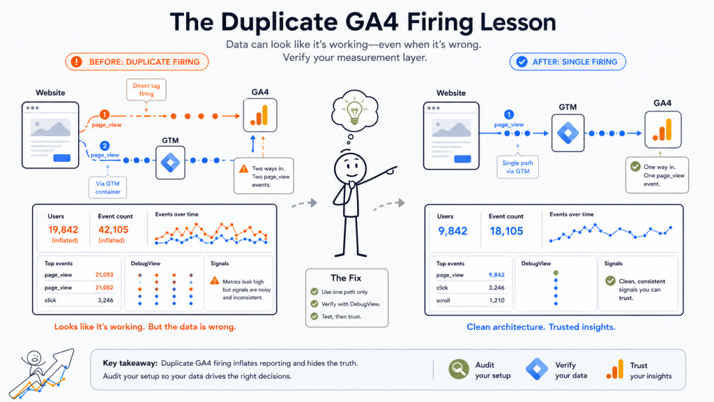 Diagram showing duplicate GA4 firing versus clean single firing through GTM, and how duplicate tracking inflates analytics data - Marketing Lab - Web Idea US
