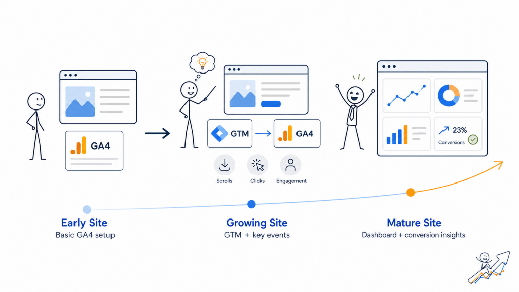 Diagram showing website tracking maturity from basic GA4 setup to GTM events and a performance dashboard - Marketing Lab - Web Idea US