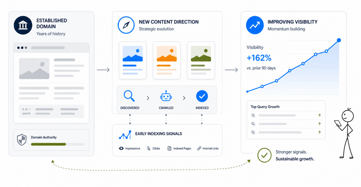 Early indexing signals dashboard showing established domain authority new content direction discovery and crawl stages and improving SEO visibility growth - Marketing Lab - Web Idea US