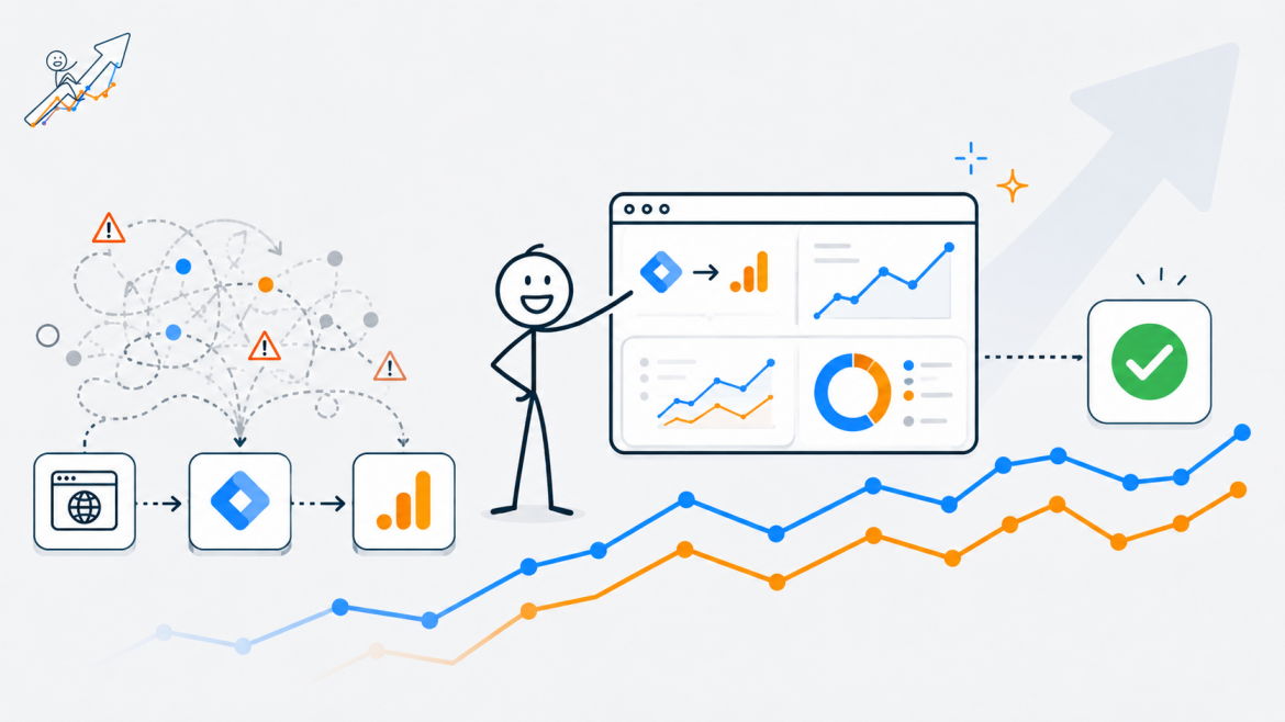 GTM and GA4 setup illustration with tracking workflow, analytics dashboard, and improving performance charts - Marketing Lab - Web Idea US