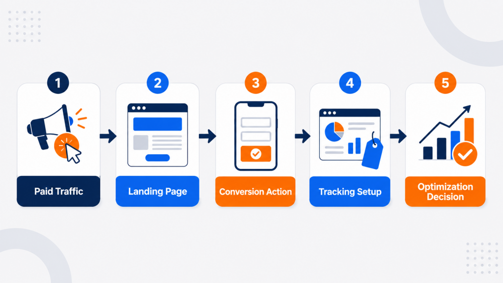Paid traffic landing page conversion tracking setup and optimization decision framework diagram - Marketing Lab - Web Idea US