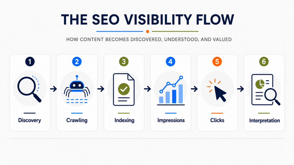 SEO visibility flow infographic showing Discovery Crawling Indexing Impressions Clicks and Interpretation stages with simple icons and arrows - Marketing Lab - Web Idea US