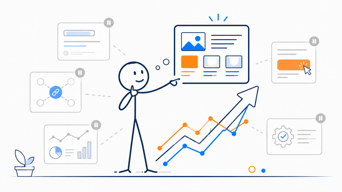 Stick figure prioritizing early stage SEO optimization by focusing on content structure and growth signals while other website optimization tasks are paused - Marketing Lab - Web Idea US