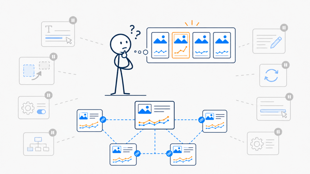 Stick figure reviewing early stage SEO optimization signals from a few article cards while paused editing, layout, and technical changes wait in the background - Marketing Lab - Web Idea US