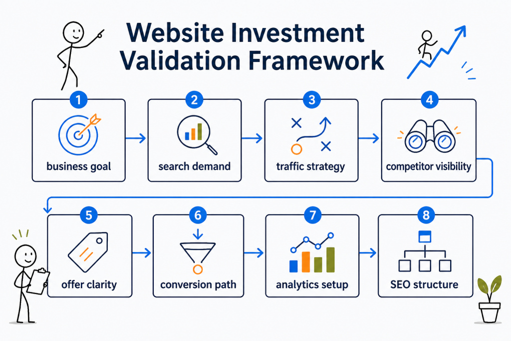 Website Investment Validation Framework diagram showing eight connected steps - Marketing Lab - Web Idea US
