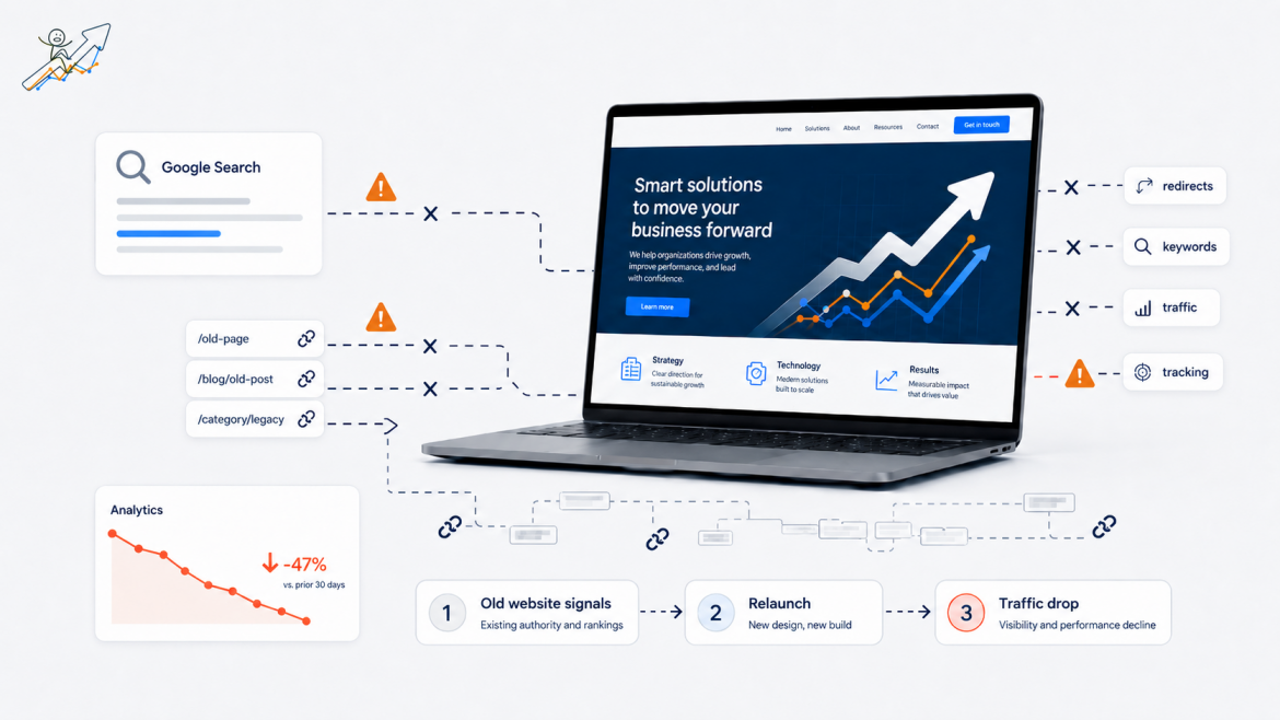 Website relaunch visibility plan illustration showing a modern laptop, broken search and URL paths - Marketing Lab - Web Idea US