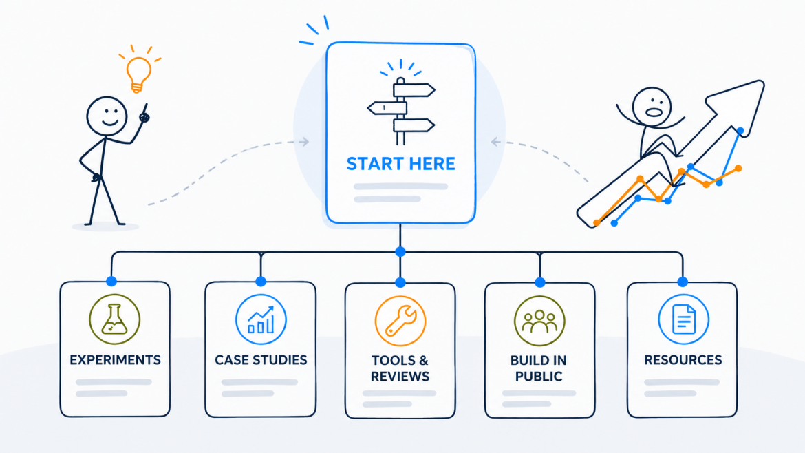 Website structure diagram with a central Start Here hub connected to Experiments, Case Studies, Tools & Reviews, Build in Public, and Resources sections - Marketing Lab - Web Idea US