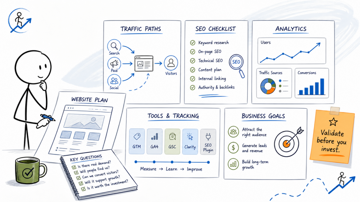 What to validate before investing in a website shown as a strategist reviewing traffic paths SEO notes analytics charts tracking tools and business goals - Marketing Lab - Web Idea US