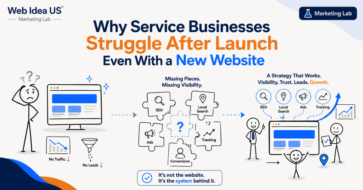 Illustration of a service business website launch struggling without SEO, local search, ads, tracking, and conversion strategy - Marketing Lab - Web Idea US