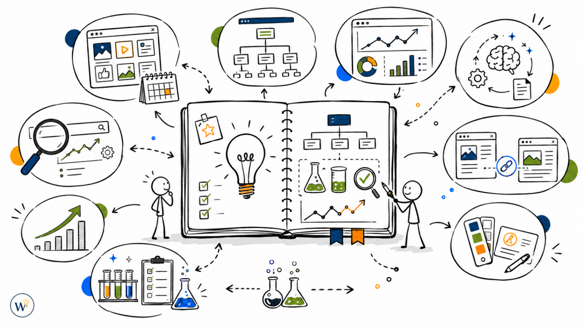 Hand-drawn marketing lab illustration with SEO, content, analytics, AI workflow, and growth strategy ideas