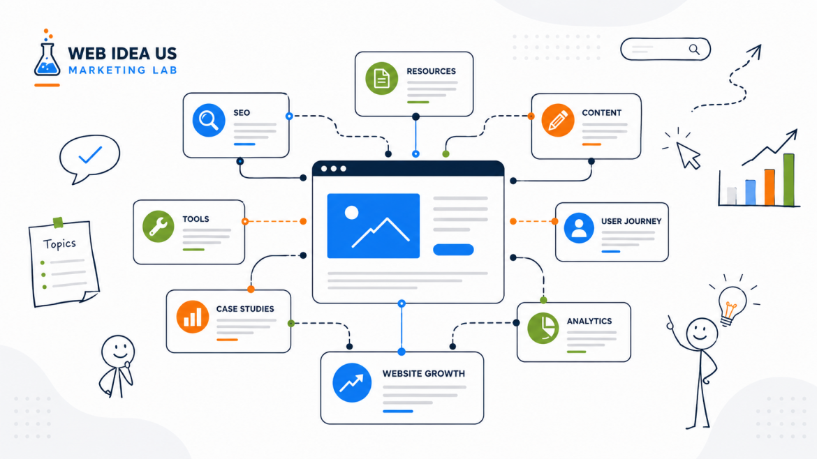 Internal linking strategy for a new marketing website showing semantic site architecture with connected content clusters and SEO page hierarchy - Marketing Lab Web Idea US