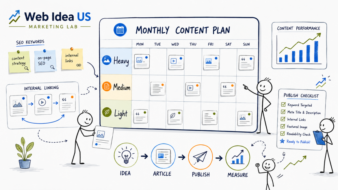Monthly content planning for marketing website with SEO notes, internal links, publish checklist, analytics chart, and doodle helpers - Marketing Lab Web Idea US